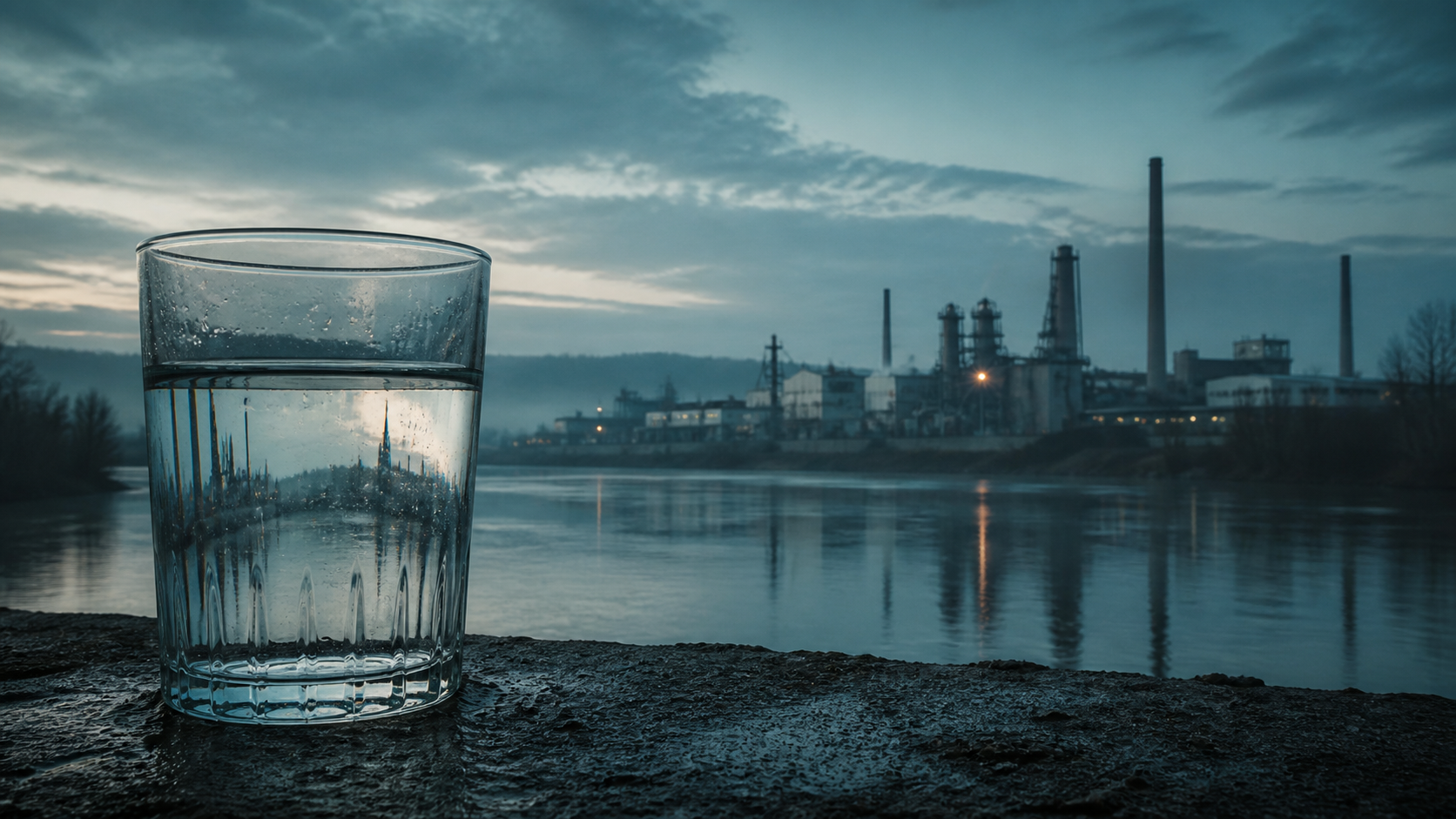 Copo de água transparente diante da unidade industrial e do rio Ohio