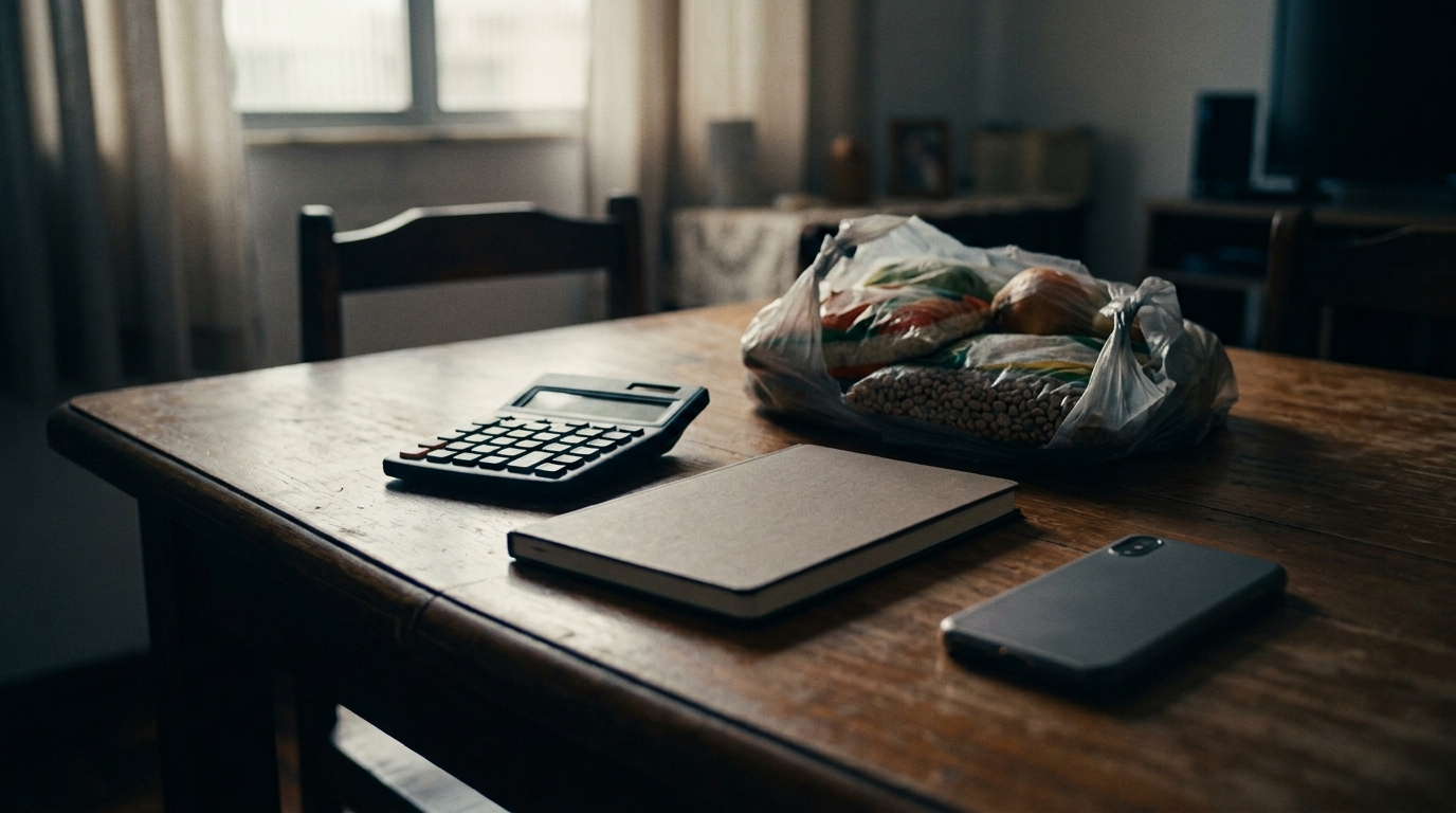Mesa doméstica com alimentos, calculadora, caderno e celular representando o impacto das apostas no orçamento cotidiano