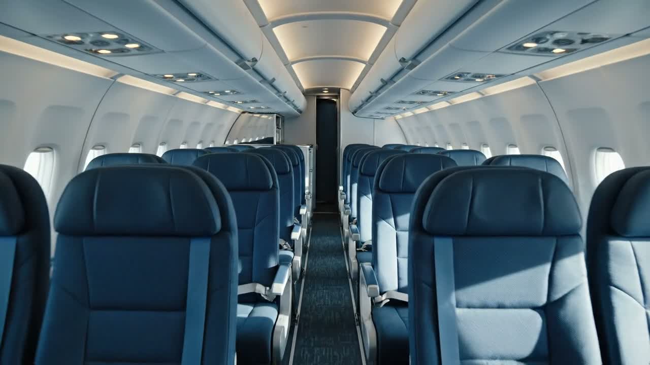 Cabine vazia de um avião comercial, com fileiras de assentos sob iluminação clara