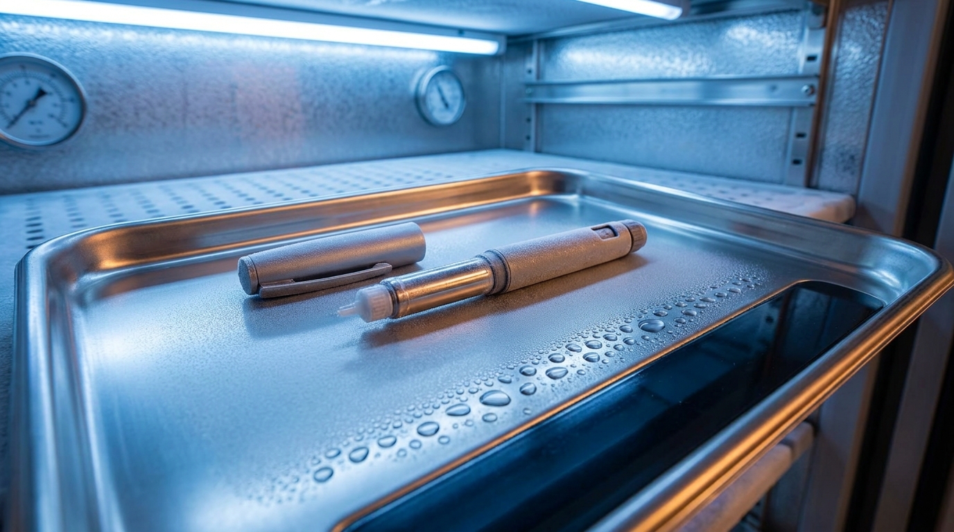 Caneta injetora sem marca sobre uma bandeja metálica refrigerada