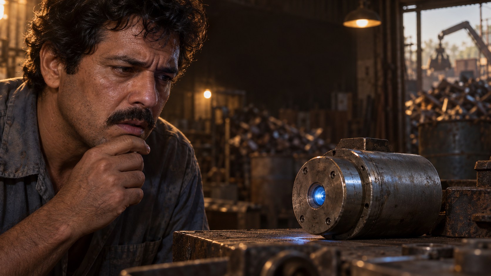 Trabalhador observando uma cápsula metálica com brilho azul em uma oficina