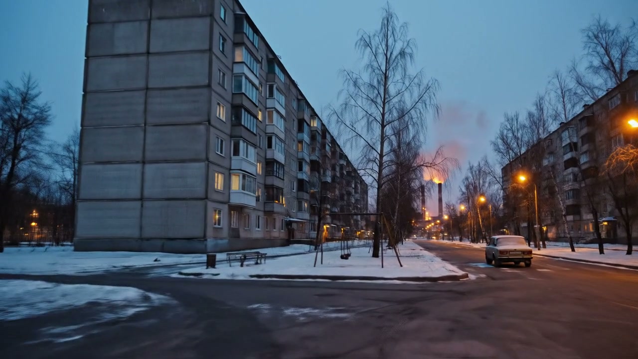 Bairro residencial de Pripyat sob o inverno, com a usina ao fundo