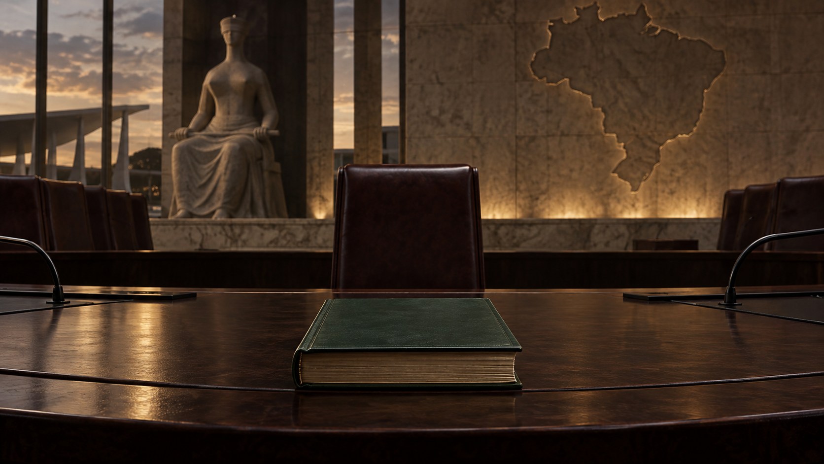 Constituição sobre a mesa diante de uma cadeira vazia em ambiente inspirado no plenário do STF