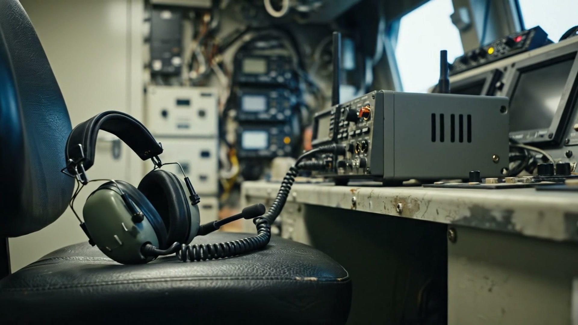 Fones de comunicação diante dos instrumentos de uma sala de controle marítima